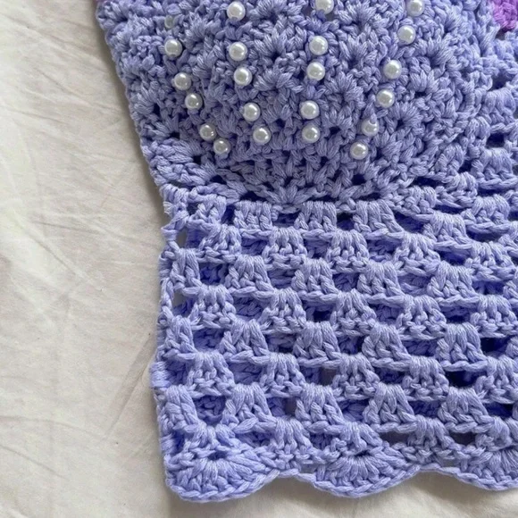 Crochet crop top halter tank purple sea shell pearl mermaid boho - Picture 3 of 4